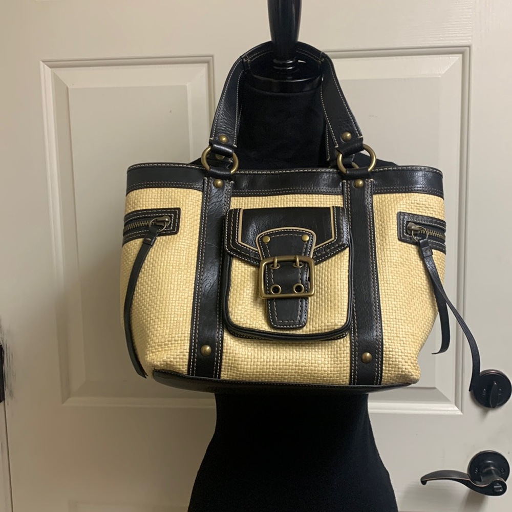 Coach Legacy brown leather & woven straw tote purse.